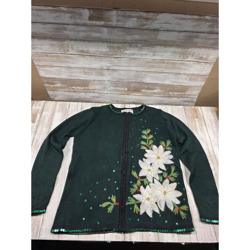 Tiara International Christmas Collection‎ Green Sequin Poinsettia Zip Sweater PM
